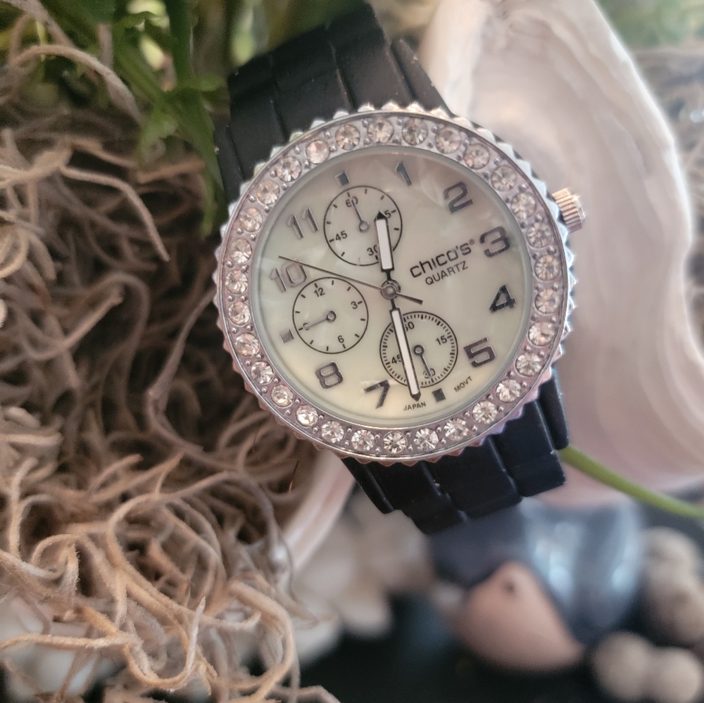 Chicos Black Bangle Watch Rhinestone Bezel